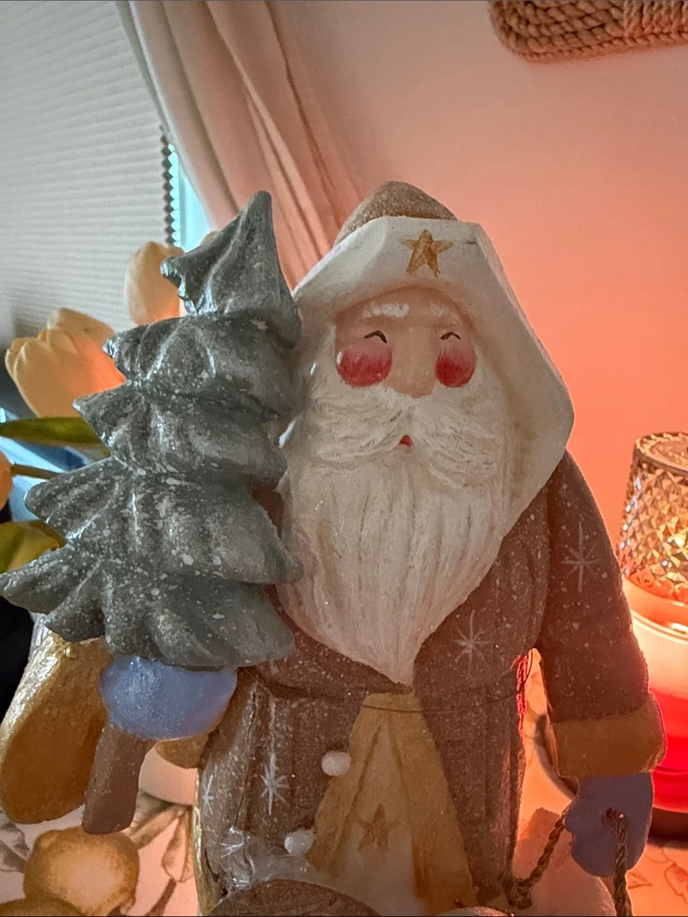 House of Hatten Solstice White & Gold Santa Holding Tree Figurine (collectible)